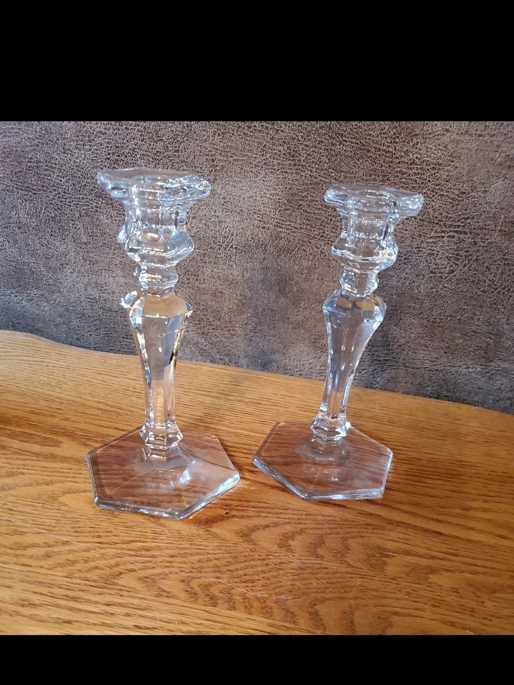 Clear Glass Hexagonal Base Candle Holders — Pair